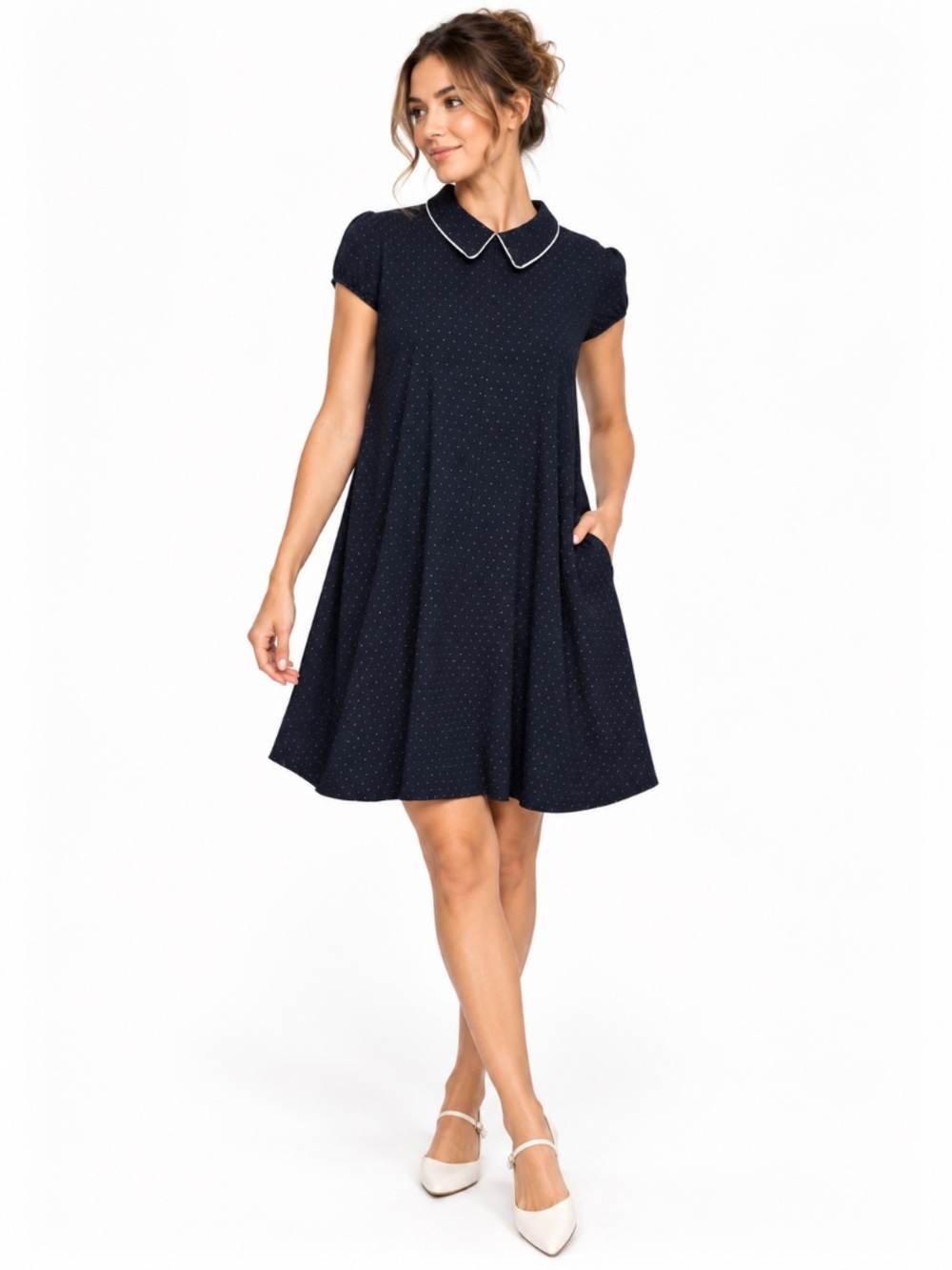 Zara Black 60’s inspired Peter Pan Collar A-Line Polka Dot Babydoll Dress Size S